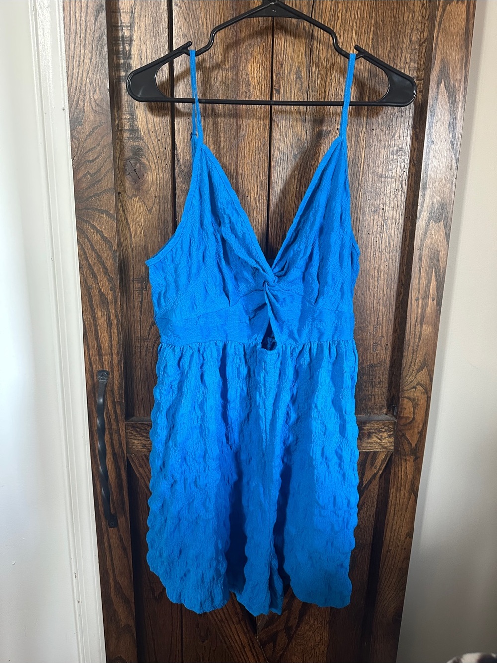 Bright Blue Textured Spaghetti Strap romper